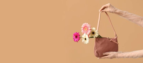 Female hands in laced gloves holding bag with beautiful gerbera flowers on brown background with space for text
