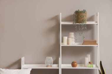 Kitaplı raflar, mumlar ve gri duvarın yanındaki bitkiler.