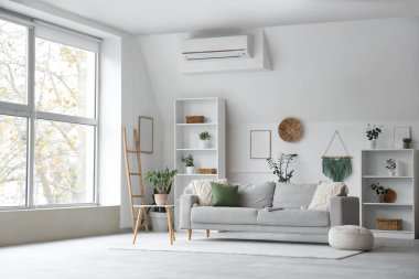 Gri kanepe, raf üniteleri ve bitkilerle aydınlık oturma odasının içinde.