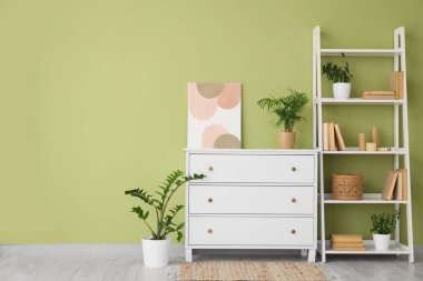 Beyaz tuvaleti, raf ünitesi ve bitkileri olan oturma odasının içinde.