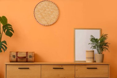 Turuncu duvarın yanındaki klozette bitki ve bavul çerçevesi.