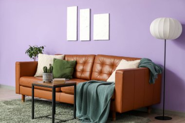 Rahat bir kanepe, zemin lambası ve oturma odasının iç tarafındaki menekşe duvarının yanındaki masa.