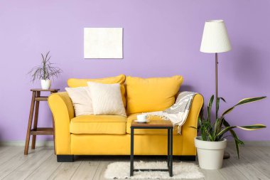 Rahat bir kanepe, zemin lambası ve oturma odasının iç tarafındaki menekşe duvarının yanındaki masa.