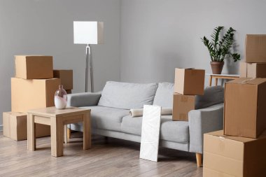 Taşındığı gün oturma odasında kanepe ve sehpa olan karton kutular.