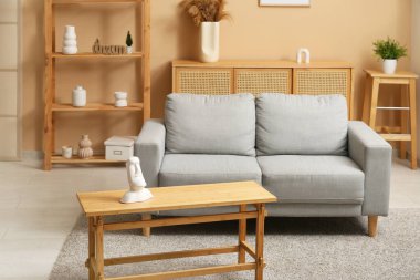 Gri rahat kanepesi ve kahve masası olan modern oturma odası.