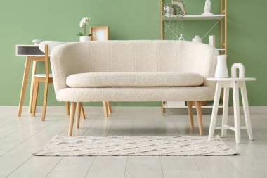 Beyaz kanepesi, halısı ve raf ünitesi olan şık bir oturma odası.