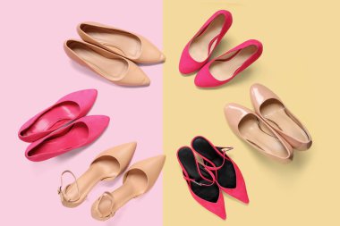 Renkli arka planda yüksek topuklu ayakkabılardan yapılmış bir çerçeve. Üst görünüm