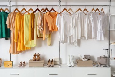 Moda kıyafetleri, ayakkabıları ve aksesuarları olan bir butiğin içi.