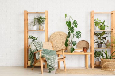 Raflama üniteleri, bank, koltuk ve beyaz tuğla duvarın yanındaki farklı ev bitkileri.