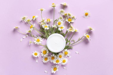 Bir kavanoz papatya çayı kozmetik kremi ve leylak arka planda çiçekler.