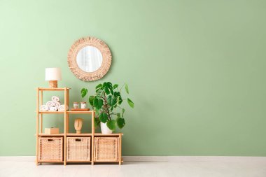 Ev bitkisi, banyo aksesuarları ve yeşil duvarın yanındaki şık aynalı raf ünitesi.