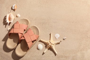 Arka planda şık parmak arası terlikleri, deniz kabukları ve deniz yıldızları olan kompozisyon