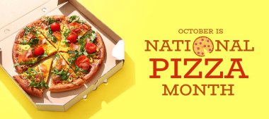 Ulusal Pizza Ayı 'nın afişi. Siyah arka planda lezzetli pizzalar.