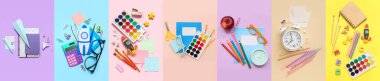 Okul gereçleri renk arkaplanı, üst görünüm