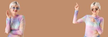 Kısa sarı saçlı, bej arkaplanlı, mesaj için yeri olan güzel genç kadınlar.