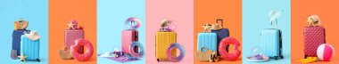 Birçok plaj aksesuarı kolajı ve renkli arka planda valizler. Turizm konsepti