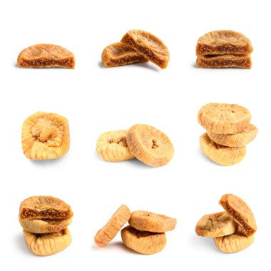 Beyaz arka planda kurutulmuş incir seti