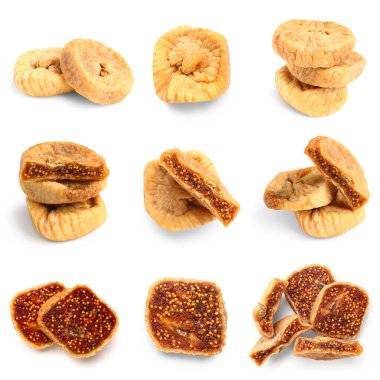 Beyaz arka planda kurutulmuş incir seti