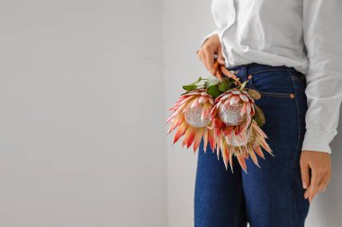 Beyaz arka planda güzel protea çiçekleri olan genç bir kadın.