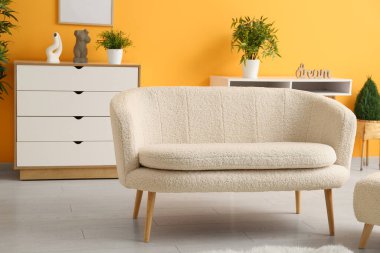 Kanepesi ve çekmeceleri olan şık bir oturma odası.