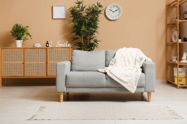 Oturma odasında ekoseli rahat bir kanepe.