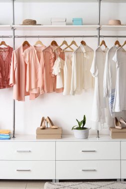 Şık giysileri ve aksesuarları olan büyük bir gardırop.