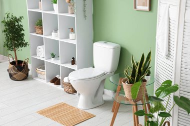 Tuvaletin içinde klozet, raf ünitesi, katlanan ekran ve yeşil duvarın yanındaki bitkiler.