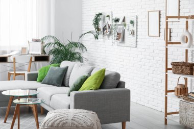 Gri kanepeli oturma odası, işyeri, raf ünitesi ve tahta tahtasıyla.