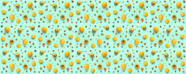 Turkuaz arka planda bir sürü balkabağı, viburyum ve meşe palamudu. Tasarım için desen