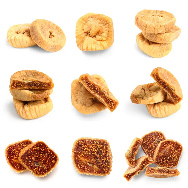 Beyaz arka planda kurutulmuş incir seti