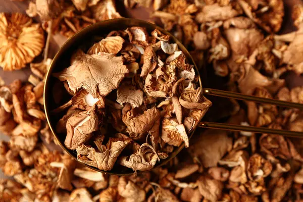 Lezzetli kurutulmuş mantarlı tencere, yakın plan.