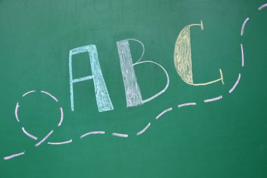 Arkaplan olarak yeşil karatahta üzerine noktalı çizgi çizili metin ABC