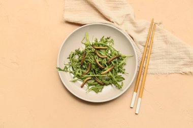 Bej arka planda kızarmış kurtçuk ve roka tabağı.