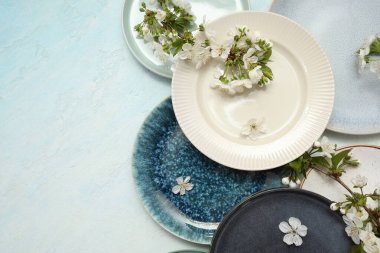 Açık mavi arkaplanda çiçek açan dalları olan farklı temiz tabakalar