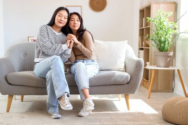 Güzel, genç, mutlu Asyalı kız kardeşler evlerinde kanepede kucaklaşıyorlar.