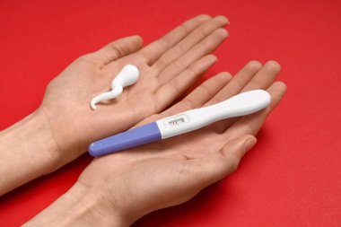 Kırmızı arka planda sperm hücresi ve hamilelik testi olan eller.