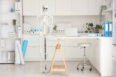 Masada insan iskeleti modeli ve modern dizüstü bilgisayarı olan hafif bir hastane.