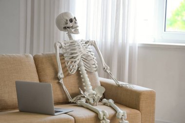 Oturma odasındaki kanepede dizüstü bilgisayarı olan iskelet.