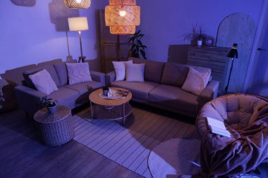 Şık oturma odasının içinde rahat gri koltuklar, sehpa ve geceleri parlayan lambalar.