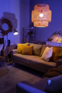 Şık oturma odasının içinde rahat gri kanepe ve geceleri parlayan lambalar.