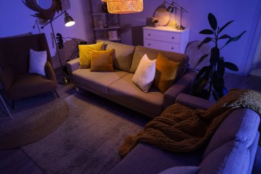 Şık oturma odasının içinde rahat gri koltuklar, koltuklar ve geceleri parlayan lambalar.