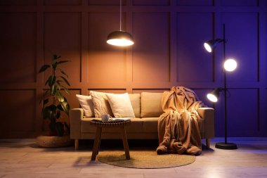 Şık oturma odasının içinde rahat bir kanepe, sehpa ve akşam lambaları var.