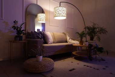 Rahat gri kanepesi, sehpası, çiçekleri ve geceleri parlayan lambaları olan şık bir oturma odası.