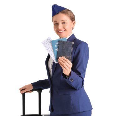 Pasaportları, bileti ve beyaz arka planı olan güzel bir hostes.