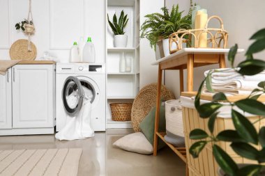Çamaşır makinesinin, ev bitkilerinin ve temizlik malzemelerinin bulunduğu şık bir çamaşırhane.