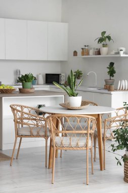 Koltukları, yemek masası, ev bitkileri ve tezgahları olan modern mutfağın şık iç tasarımı.