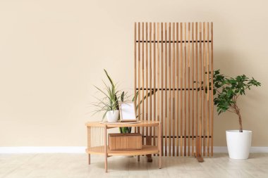 Kahve masası, ev bitkisi ve katlanan perdeli güzel bir oda.