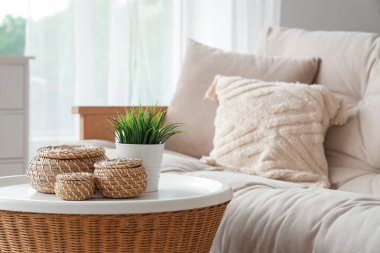 Hasır kutular ve ev bitkisi oturma odasının içindeki yuvarlak masada.