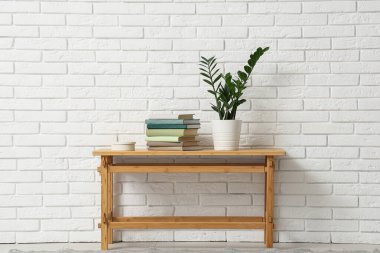 Beyaz tuğla duvarın yanındaki masada yığınla kitap ve bitki var.