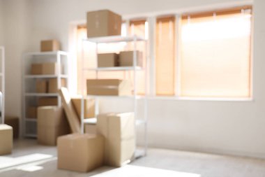 Raflarda karton kutular olan hafif deponun bulanık görüntüsü